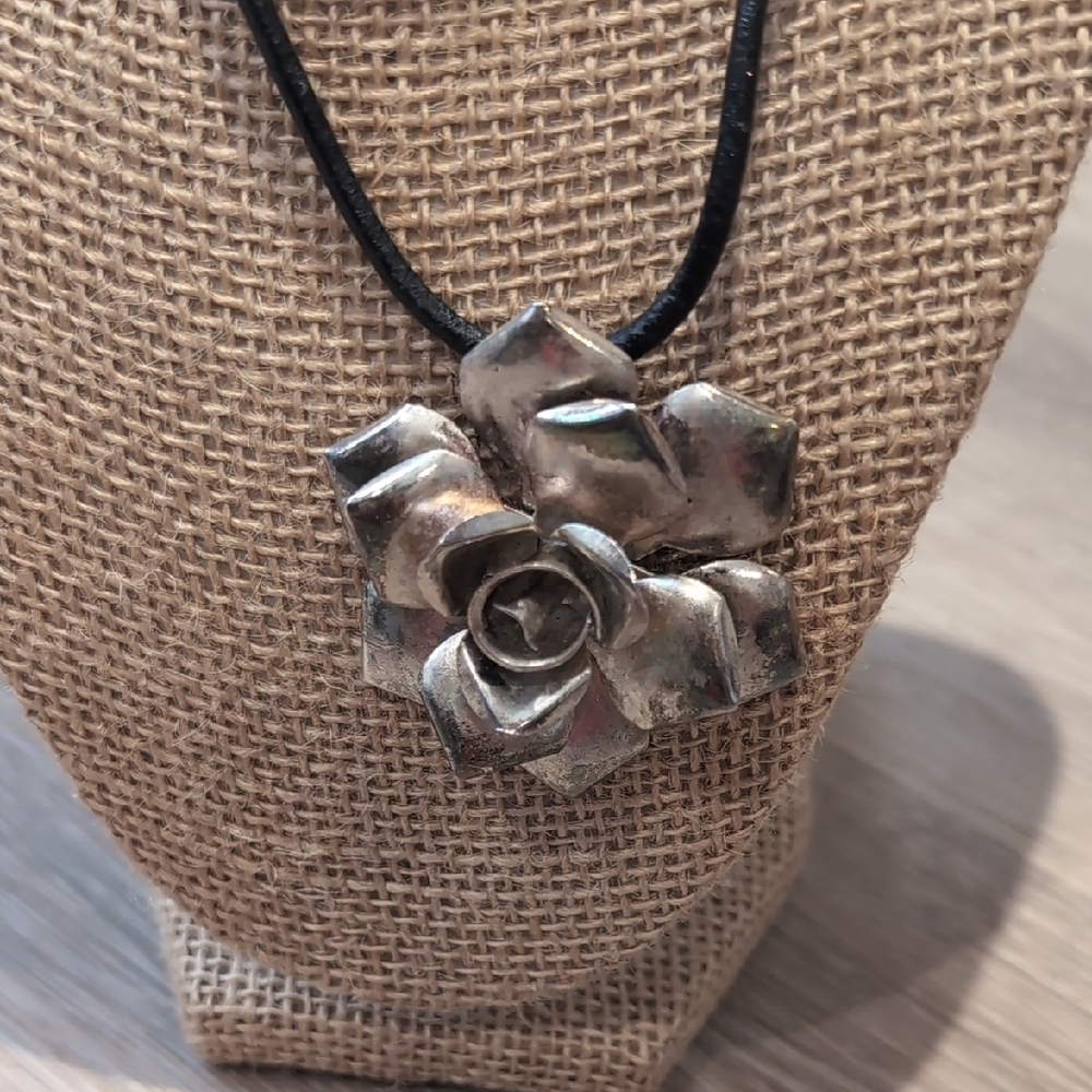 Silver Rose Pendant Necklace Black Cord - Picture 4 of 8